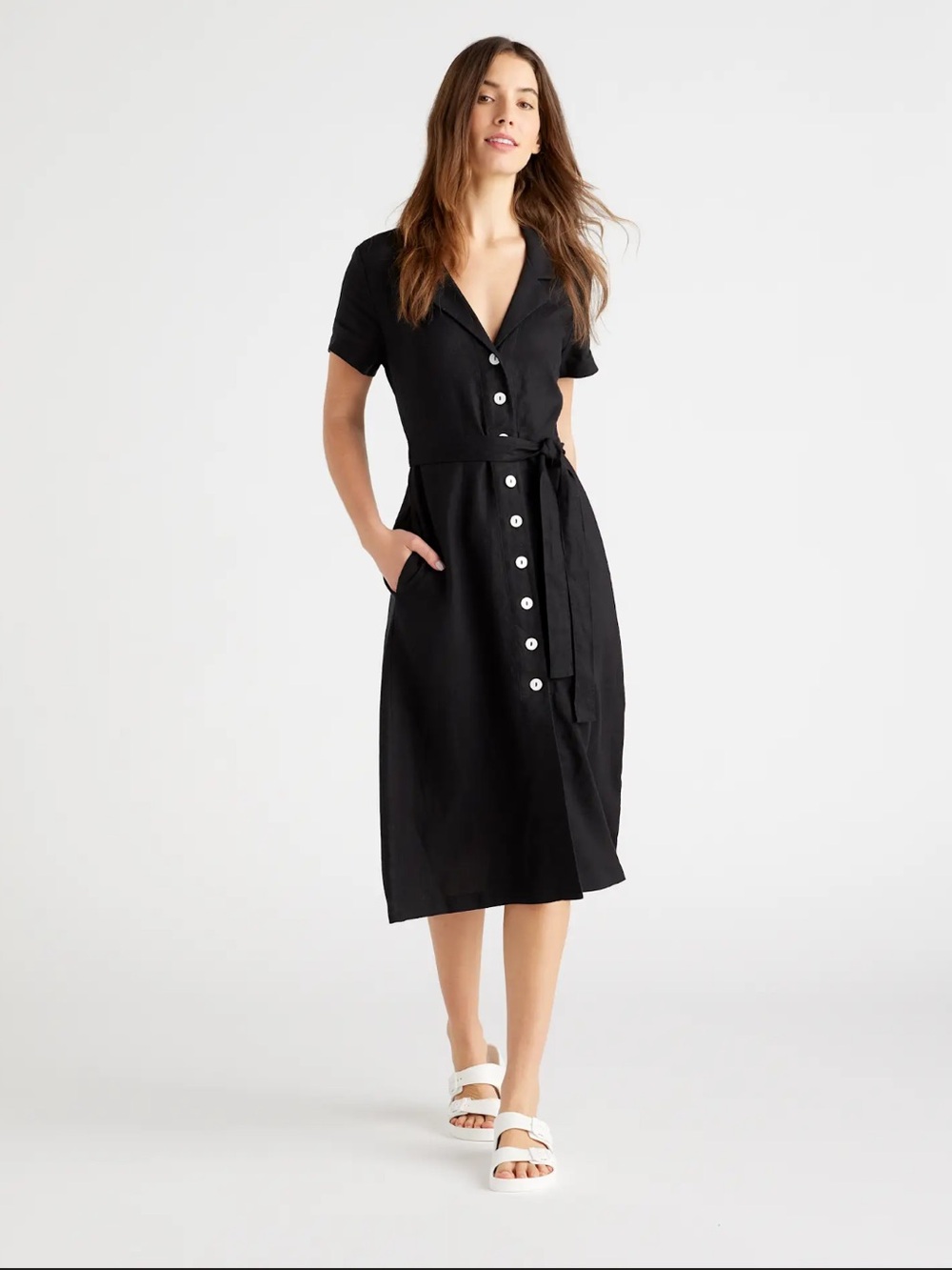 Quince Black Short-Sleeve Button Midi linen dress